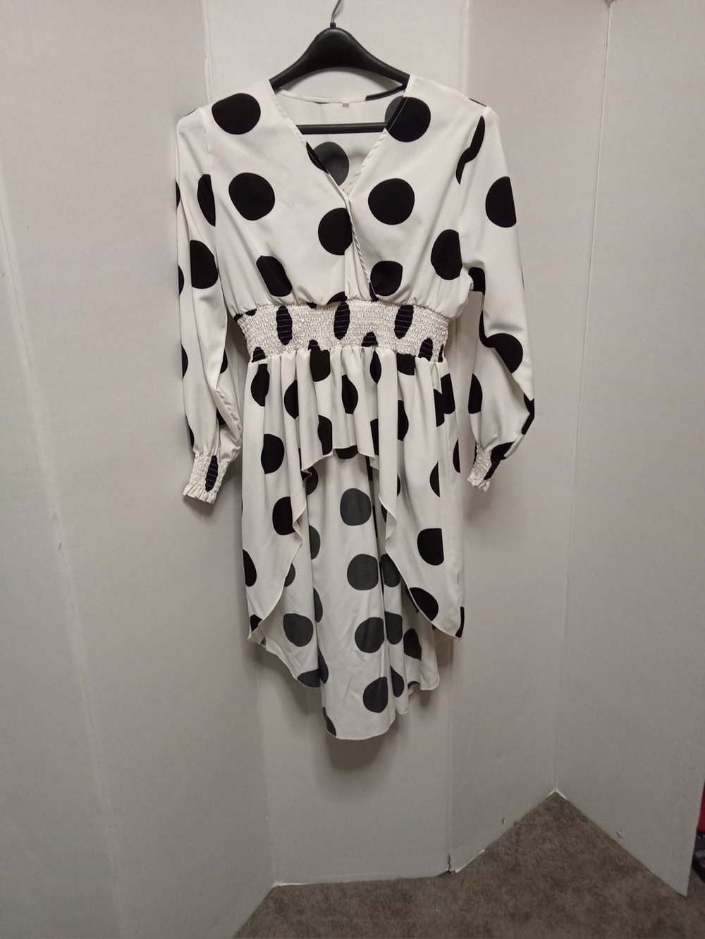 Women’s Black White Polka Dot High Low Tunic Long Sleeve Smocked Waist Ruffle A2